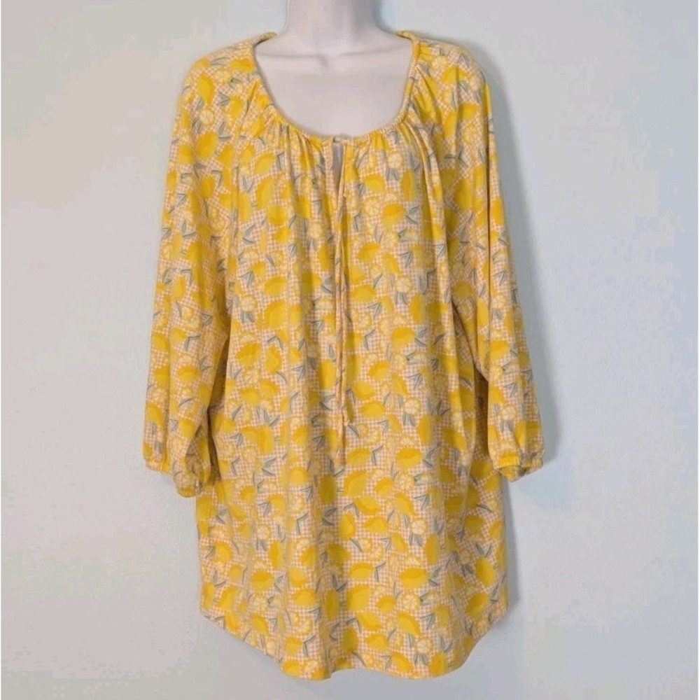 Lands End Lemon Print Top Women's 2X Soft Cotton Blend 3/4 Sleeve Casual Comfort
